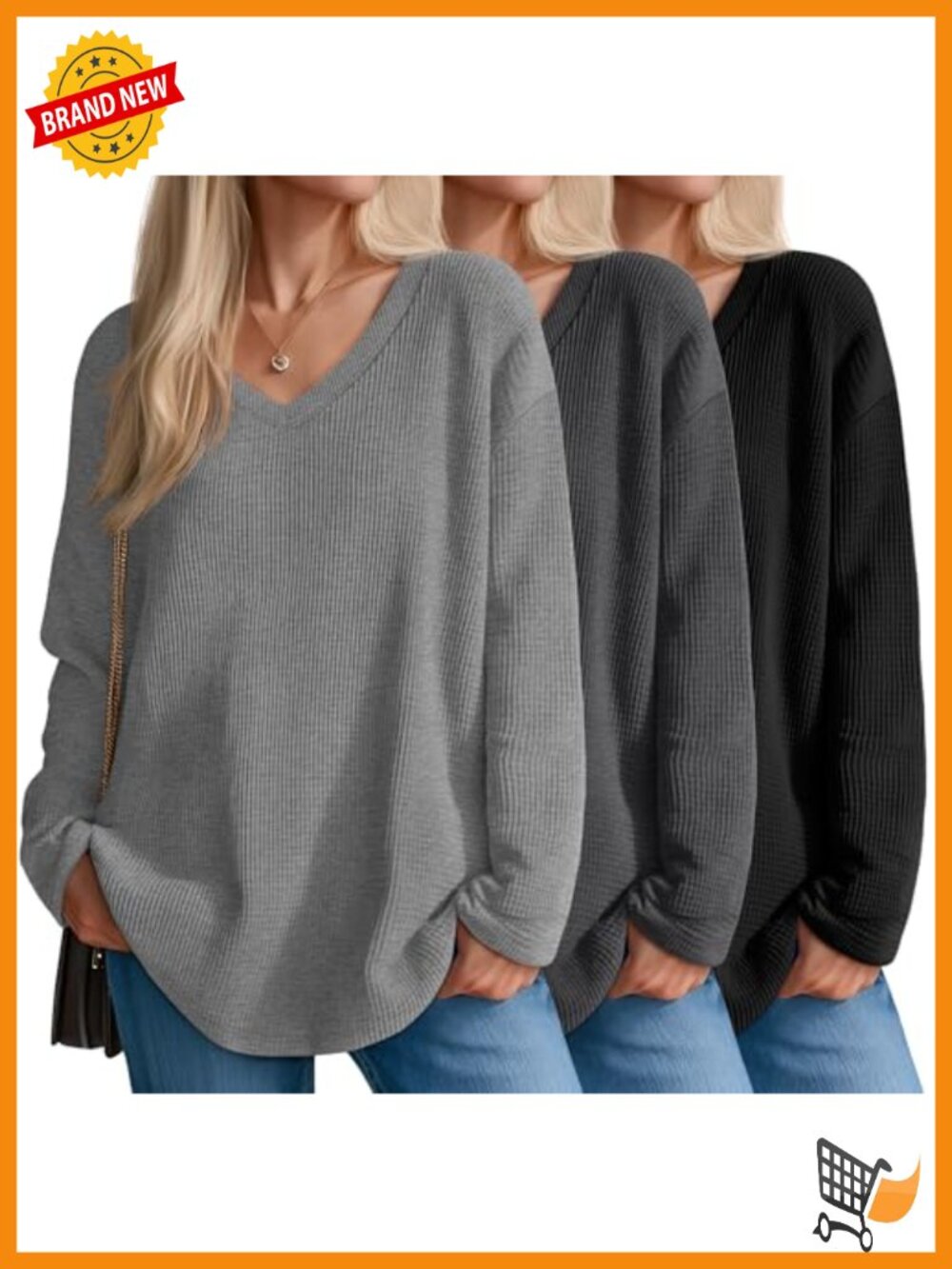 3-Pack Waffle Knit V-Neck Tops for Women Oversized Long Sleeve